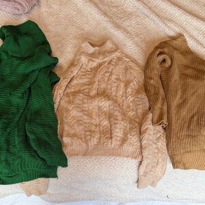Set of 3 Cozy Cable Knit Sweaters - Cream,  Tan, Green Lot